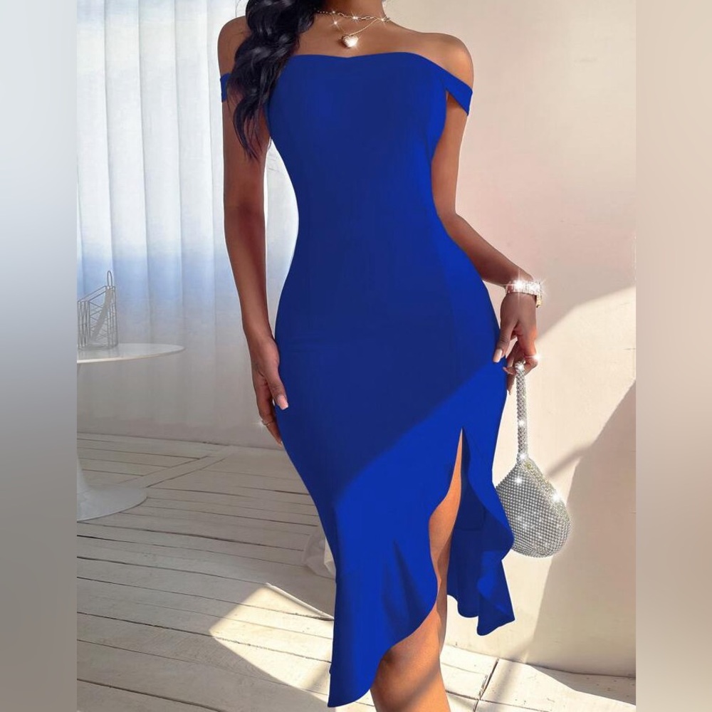 SHEIN Allurite Bardot Split Thigh Ruffle Hem Bodycon Dress